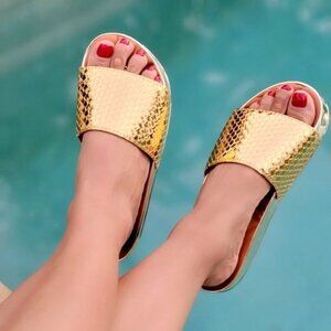 Women's Gold Metallic Open Toe Slip on Sandals